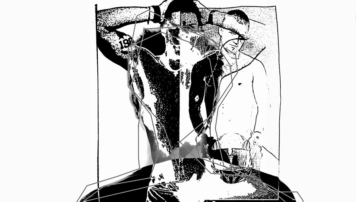 Eine schwarzweiße Collage eines Kopfes und des Torsos eines nackten Mannes