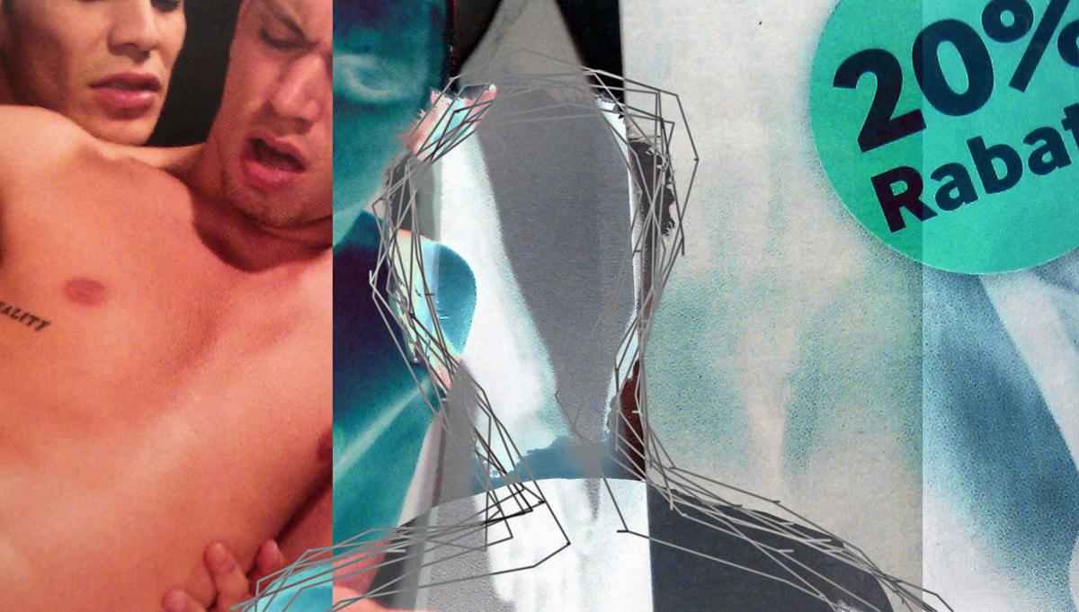 Collage eines Kopfes, eines Mannes, der gefickt wird und einer Werbeanzeige
