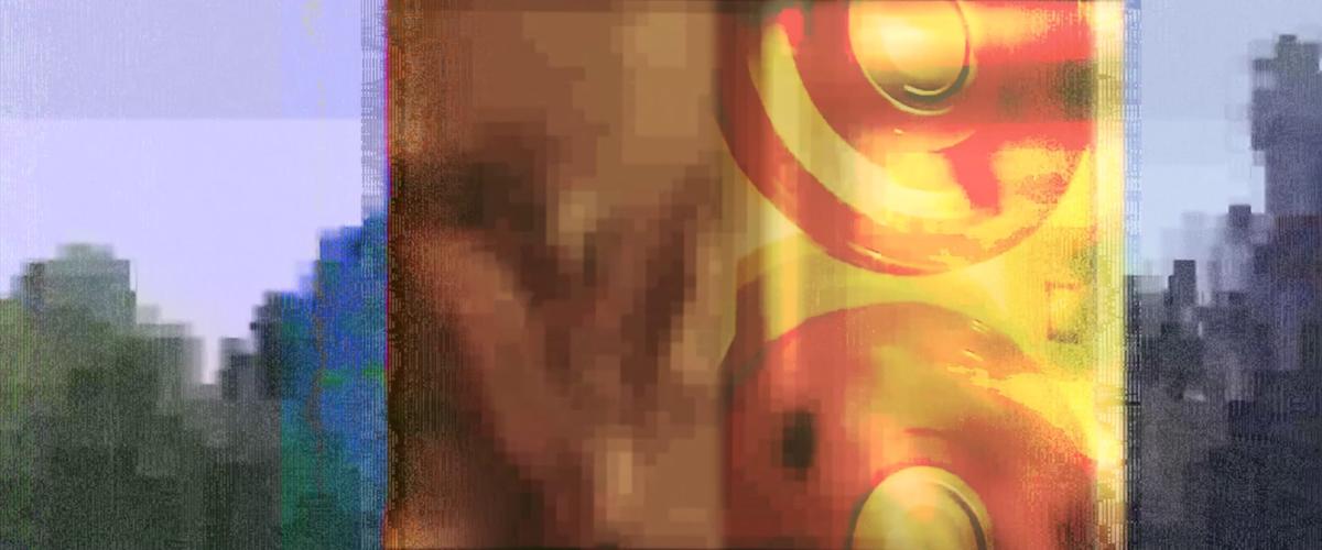 Collage mit digitalen Artefakten und leuchtendem Orange. Im Hintergrund: Bäume