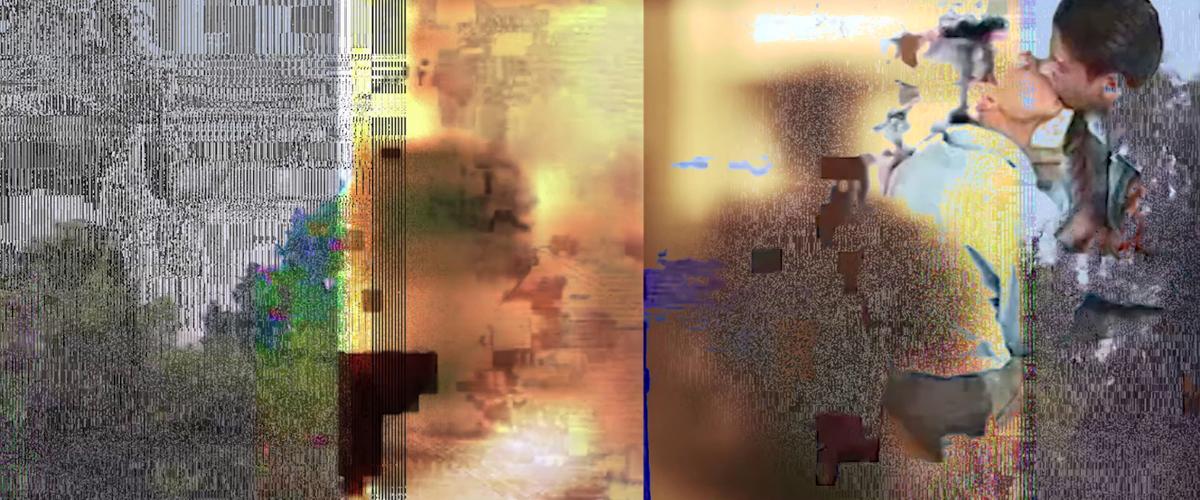 Collage mit digitalen Artefakten und leuchtenden Farben. Im Hintergrund zwei sich küssende Männer